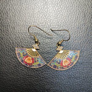 Vintage Cloisonne Enamel Fan Style Dangling Purple with Floral Design earrings